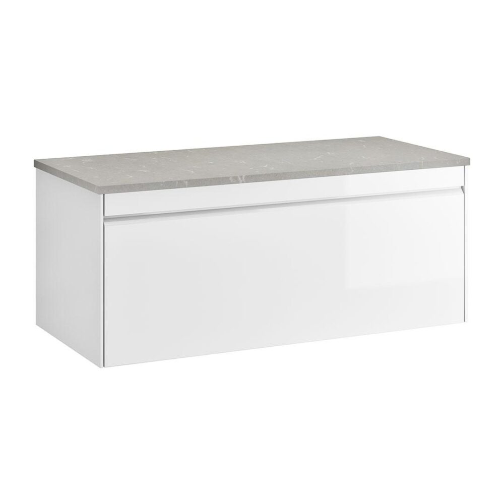 Hampton 1000mm Wall Unit White Gloss with Light Cement Worktop