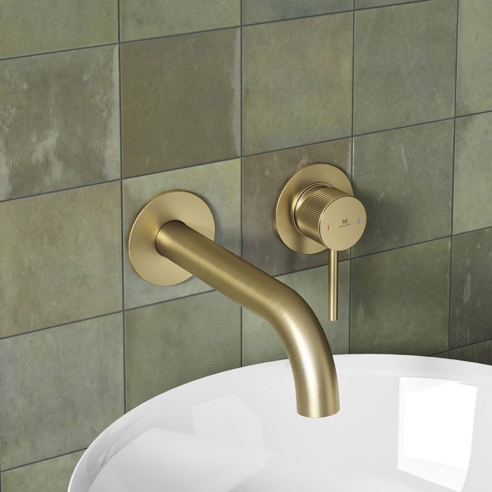 Ryver Fluted Wall Mounted Basin Mono Brushed Brass c/w Universal Waste - Image 2