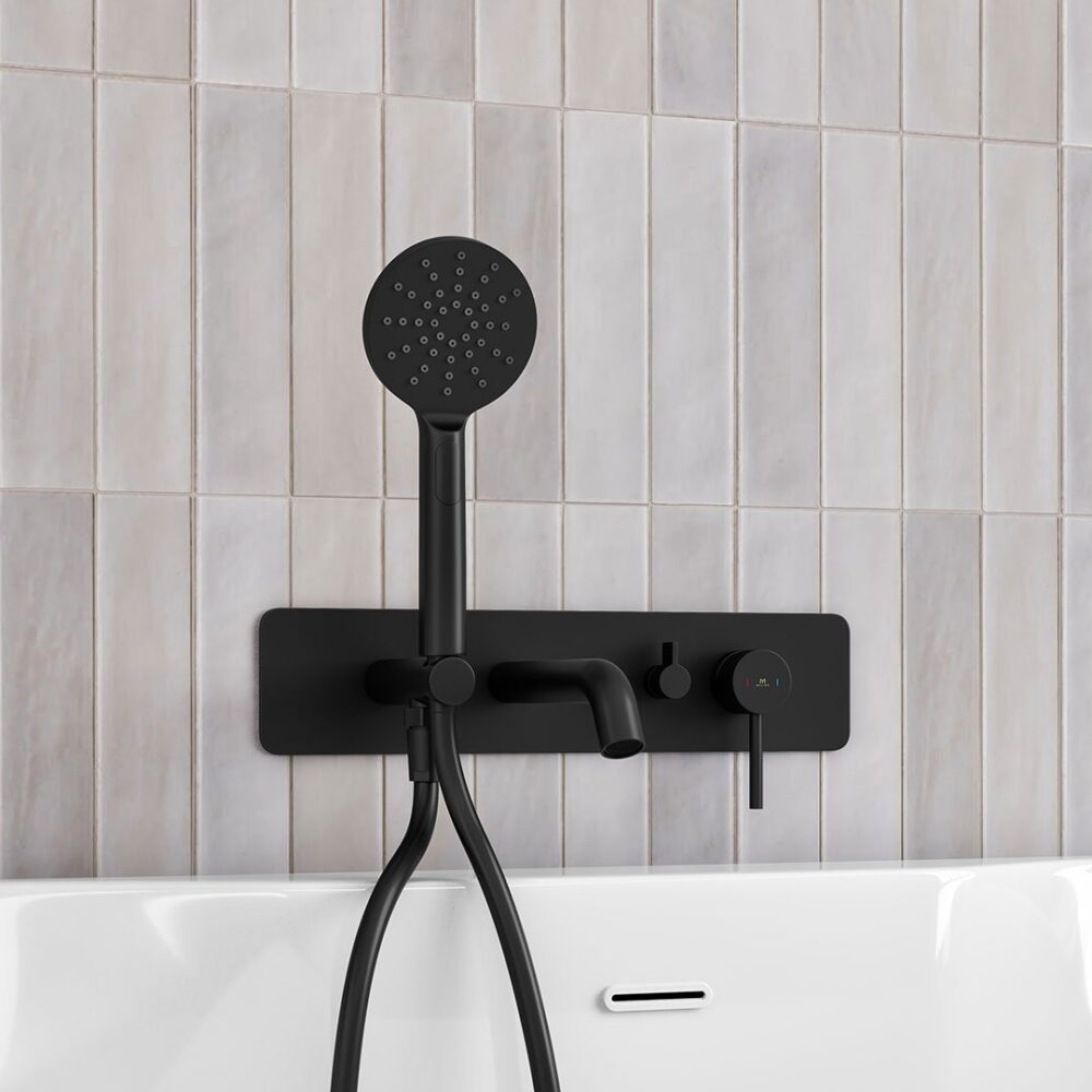 Ryver Wall Mounted Bath Shower Mixer Knurled Lever Black - Image 2