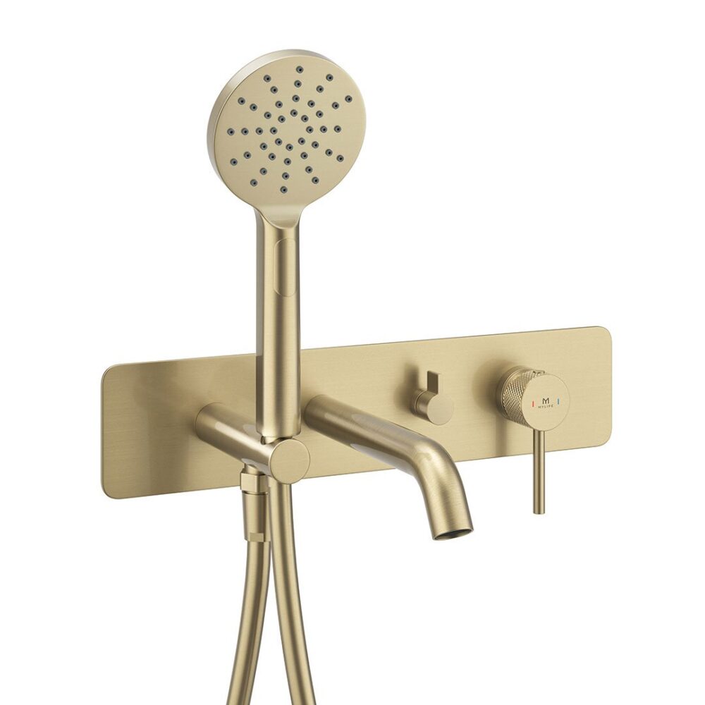 Ryver Wall Mounted Bath Shower Mixer Knurled Lever Brushed Brass